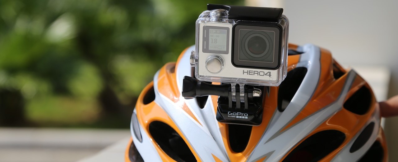 GoPro purchased with financing on a helmet.