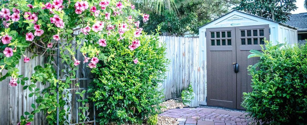 An assembled storage shed.